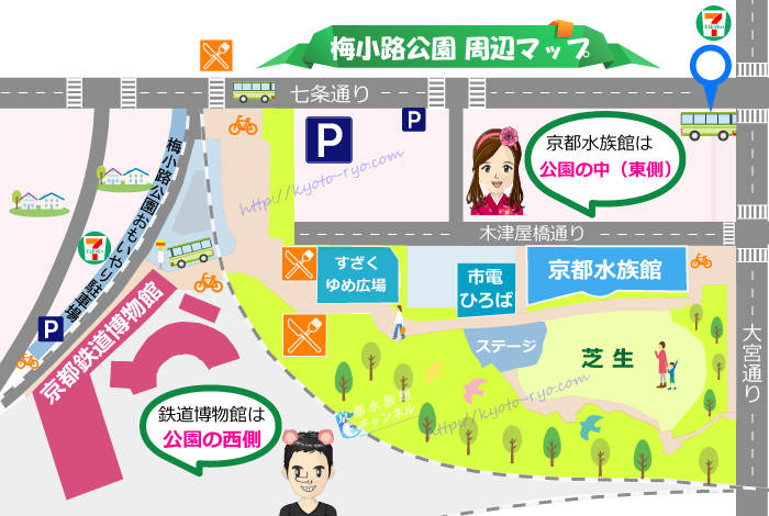 京都水族館のバスの停留所マップ