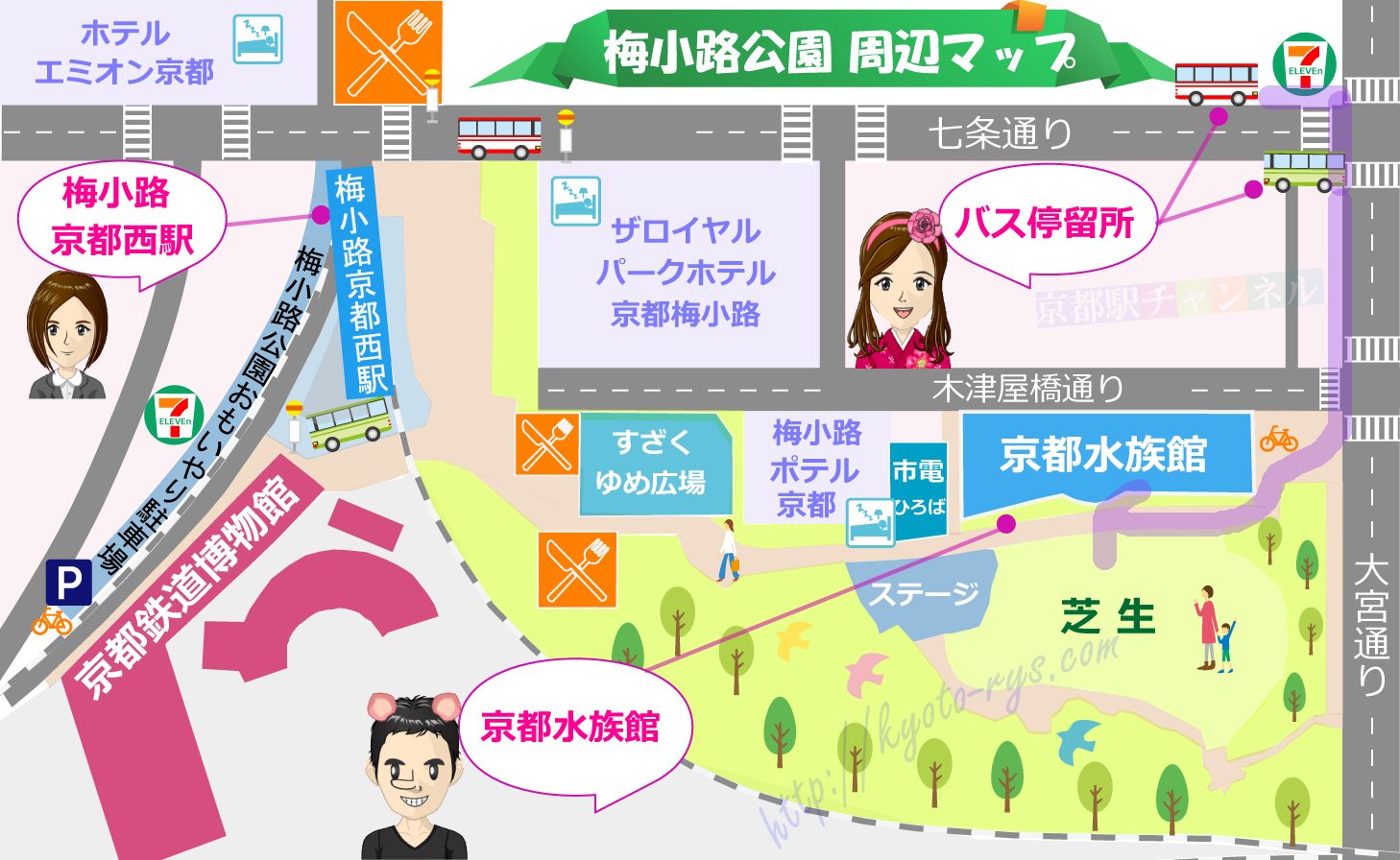 京都水族館周辺とバス停の地図